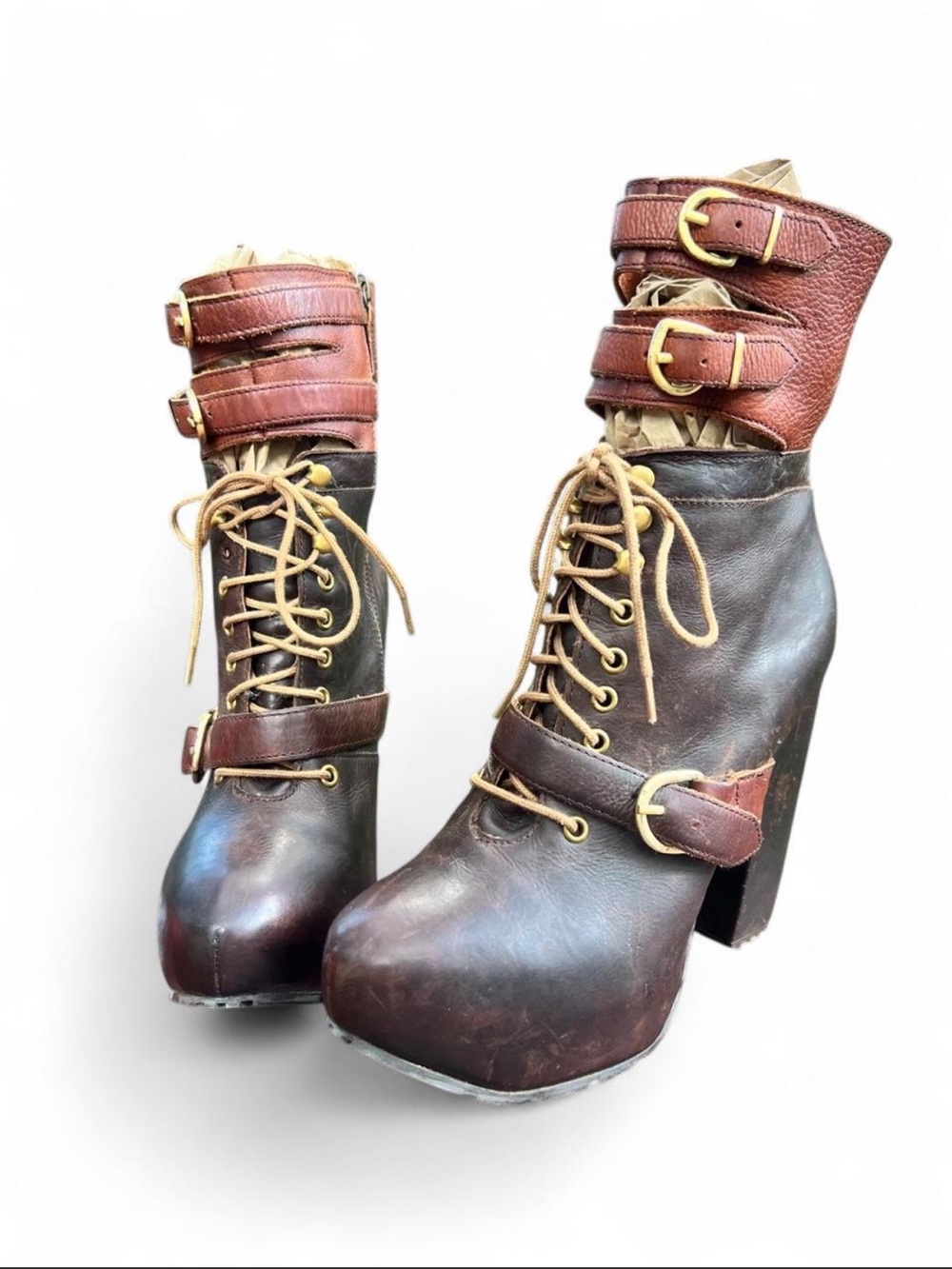Miista Brown Leather Lace-Up Andee Platform Boots with Buckle Straps - Picture 3 of 8